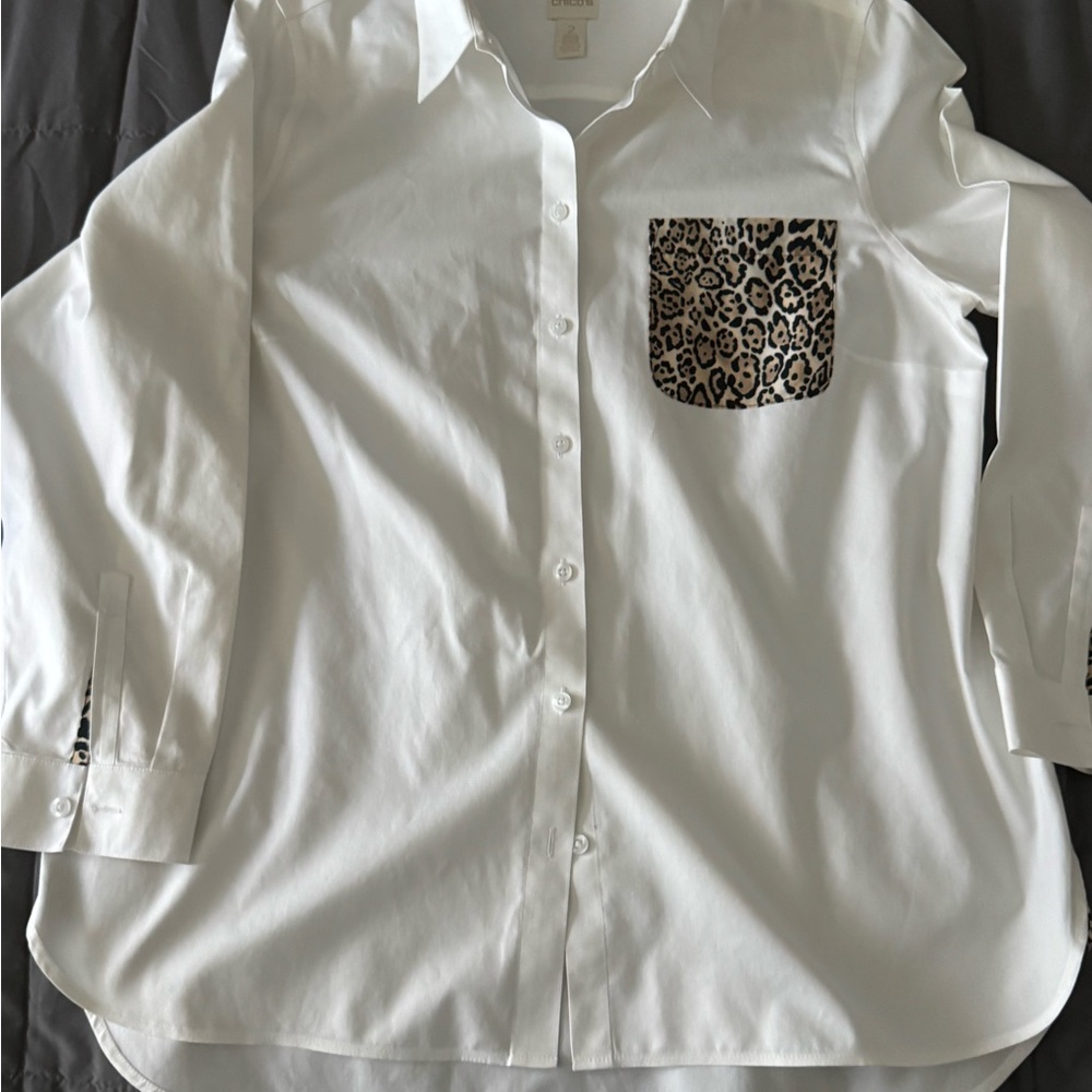 Chico's White and Brown Button Down Shirt with Classic Collar